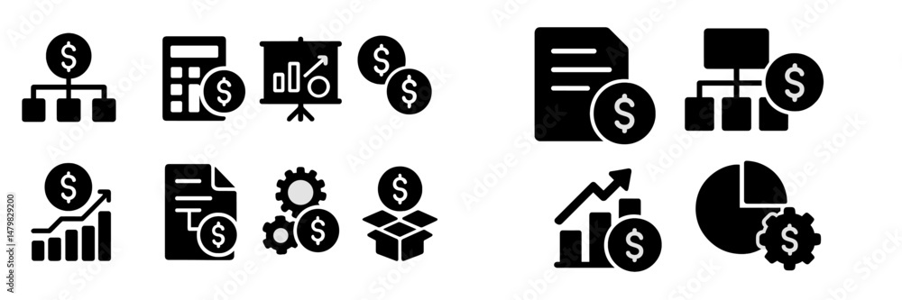 Aufkleber collection of web icons representing finance, analysis, and data management resources for digital ap