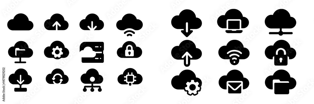 Poster collection of web icons featuring cloud designs for various online activities and services