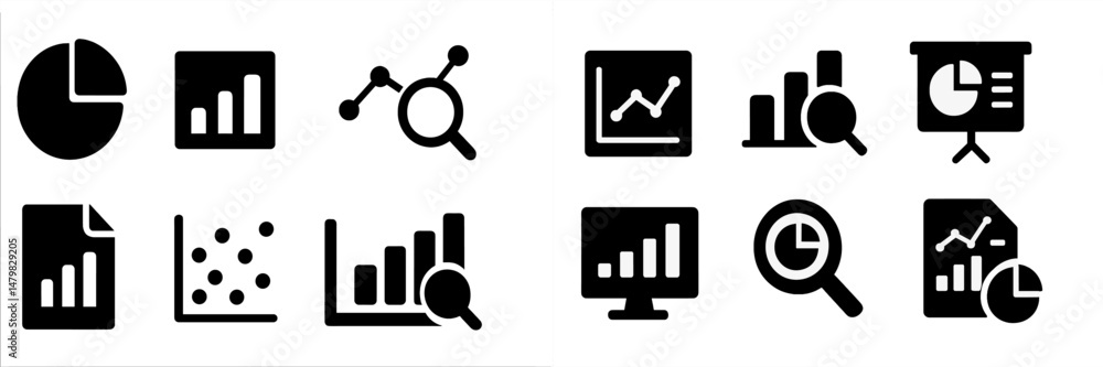 Poster collection of web icons representing data analysis, graphs, and reporting tools for digital applicat