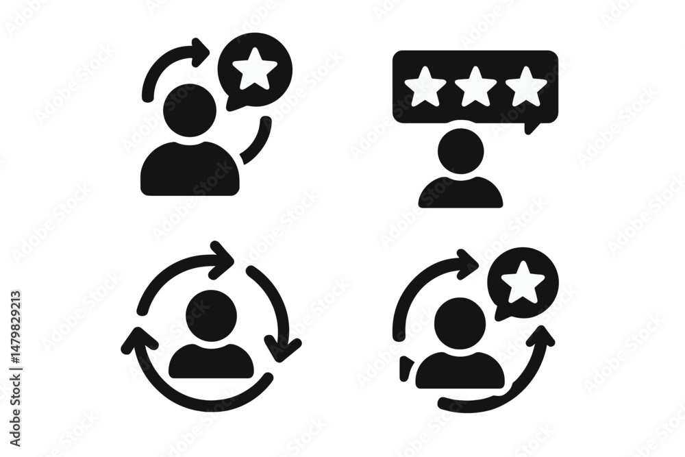Poster set of minimalistic web icons representing user feedback, ratings, and interaction for digital inter