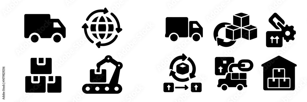 Poster collection of black and white web icons representing logistics, shipping, and transportation concept