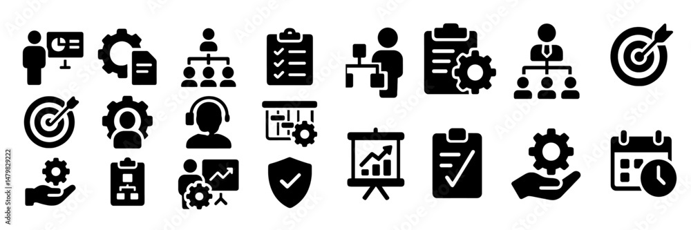 Poster collection of web icons illustrating business, teamwork, and productivity concepts