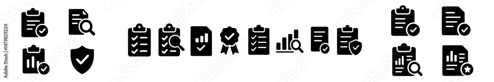 Poster collection of various web icons including checklists, data graphs, and secure documents for digital 