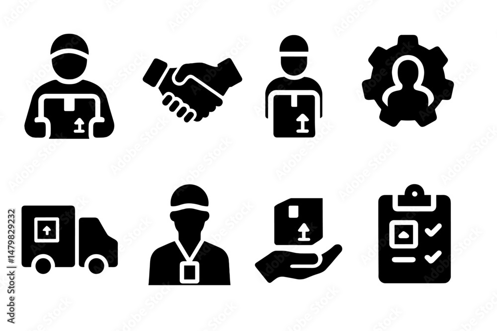 Aufkleber set of web icons illustrating delivery, teamwork, and management concepts for online use