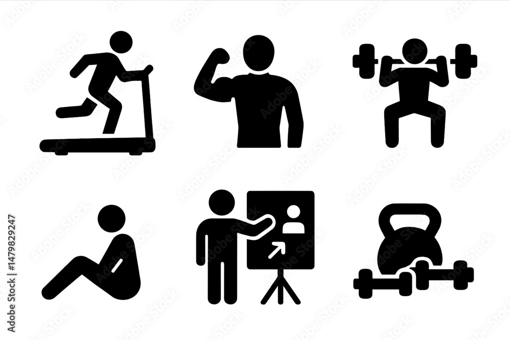 Poster set of simple web icons representing various fitness activities and exercises for health and trainin