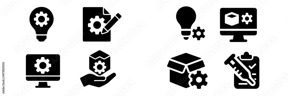 Poster collection of web icons featuring tools, ideas, and technology symbols for digital applications and 