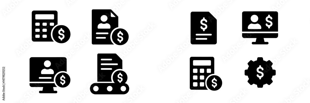 Poster set of web icons representing financial activities and documentation in a professional context