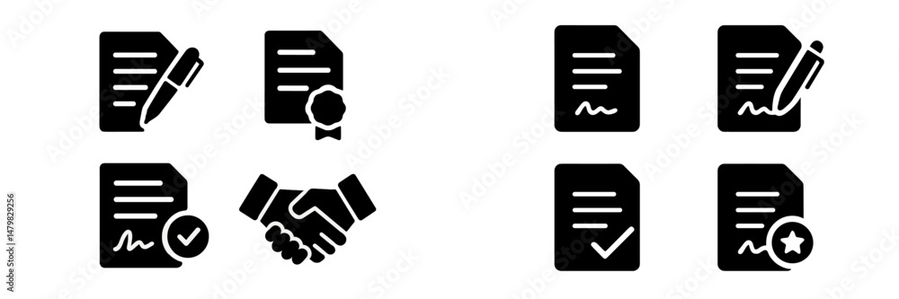 Poster collection of web icons representing documentation, agreement, and validation for online use in vari