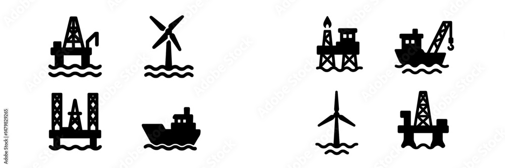 Poster collection of web icons featuring energy sources and marine vessels in a simple and clear design