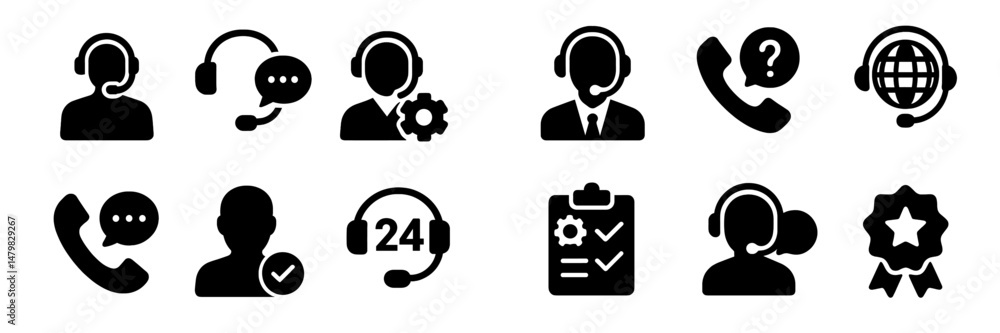 Aufkleber Set of black web icons illustrating customer support, communication tools, and service features for online platforms