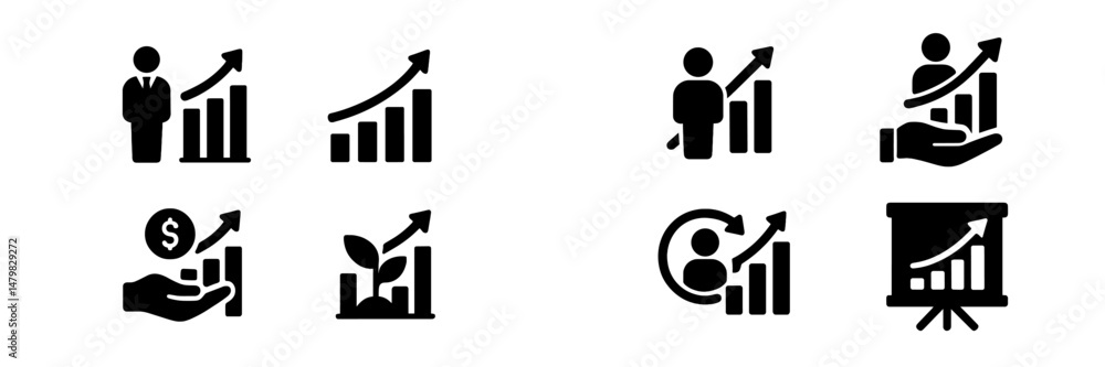 Poster collection of black web icons illustrating growth, success, and investment concepts for digital reso
