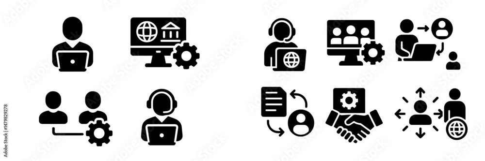 Poster collection of web icons representing online communication, technical support, and user interaction f