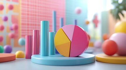 Fototapeta premium Colorful 3D Pie Chart and Bar Graph in Abstract Setting