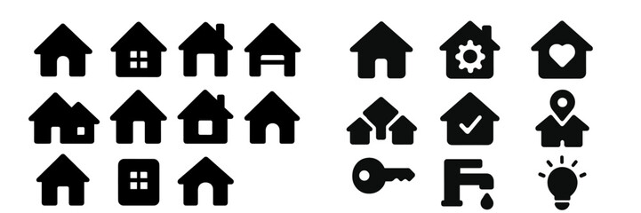 Collection of web icons featuring various house designs and related symbols for digital use