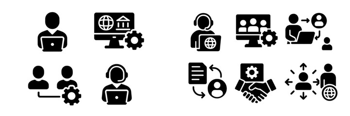 Collection of web icons representing online communication, technical support, and user interaction for various digital platforms