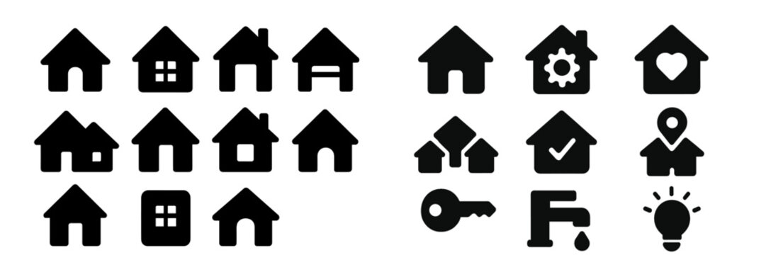 Collection of web icons featuring various house designs and related symbols for digital use