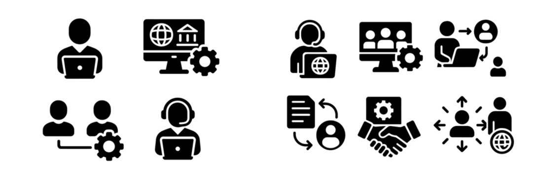 Collection of web icons representing online communication, technical support, and user interaction for various digital platforms