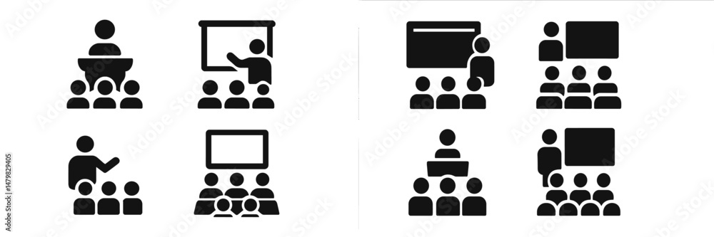 Poster Collection of web icons representing various educational and presentation activities in a classroom setting