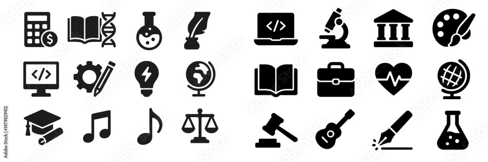 Poster Set of web icons representing various educational and professional themes such as science, technology, arts, and law