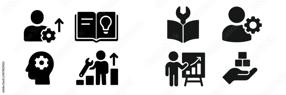 Poster set of web icons representing education, development, and management concepts for digital projects