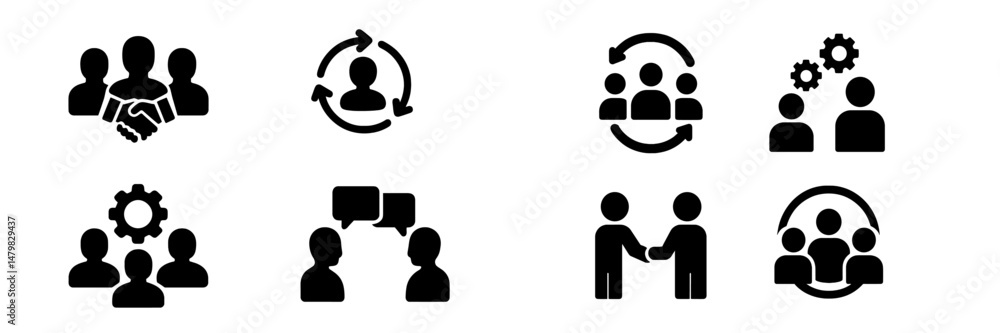 Poster set of web icons representing teamwork, communication, and collaboration in a modern design style