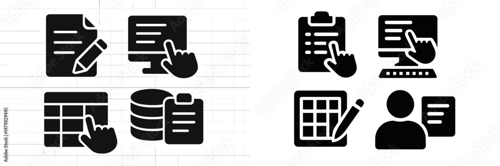 Poster collection of web icons for user interaction and data management tasks featuring tools for editing a