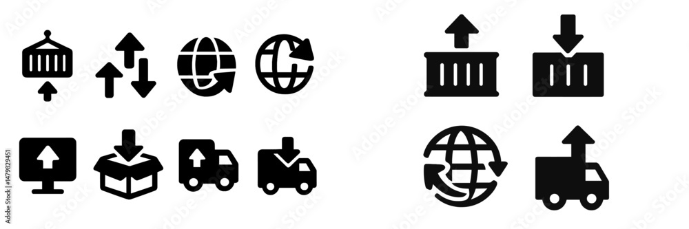 Poster collection of web icons featuring upload, download, and global navigation symbols in black and white