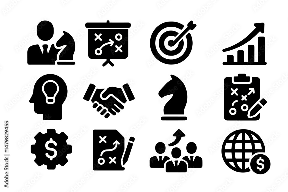 Poster collection of web icons showcasing business strategies, teamwork, and analytics for digital platform