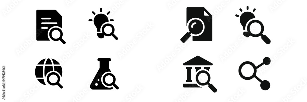 Poster collection of web icons featuring magnifying glass elements for search and exploration