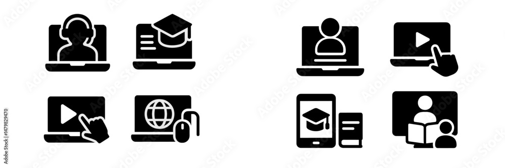 Poster collection of web icons representing online learning, digital interaction, and virtual education too