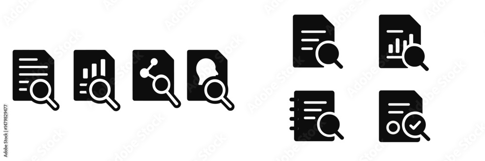 Poster set of web icons featuring document symbols with magnifying glasses for search and analysis activiti