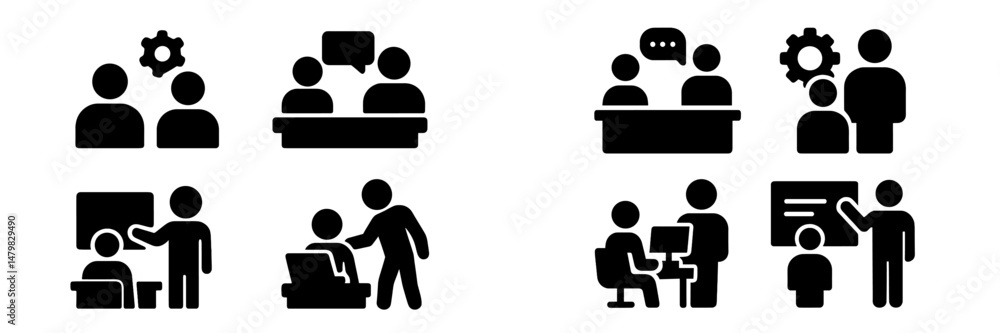 Poster collection of web icons representing communication, collaboration, and teamwork in various settings