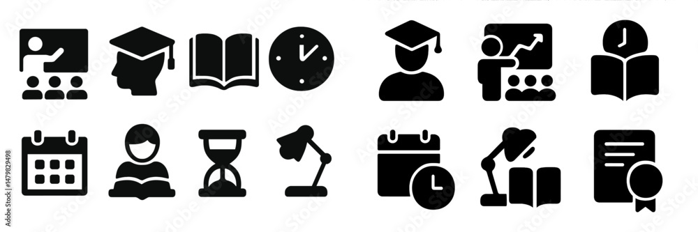 Aufkleber web icons representing education, time management, and learning activities for digital interfaces an