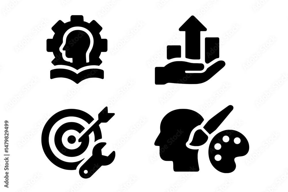 Poster collection of web icons representing various concepts such as growth, creativity, and strategy in a 