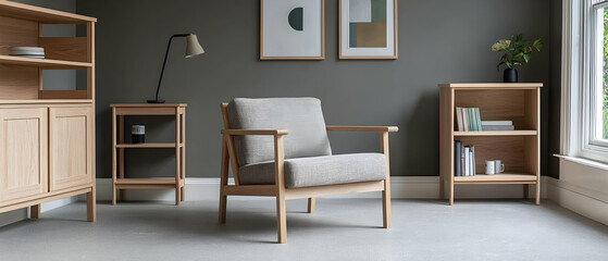 Light Wood Living Room With Armchair And Bookshelf