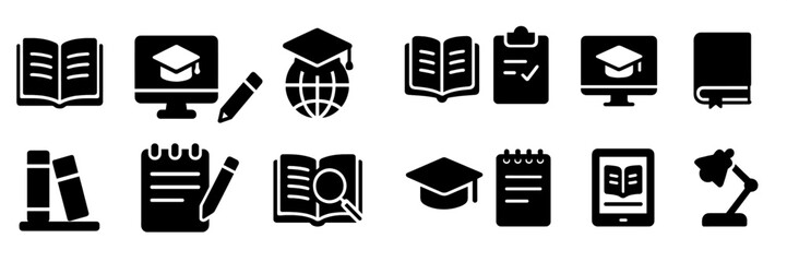 Web icons set featuring educational symbols and tools for digital learning resources and study materials