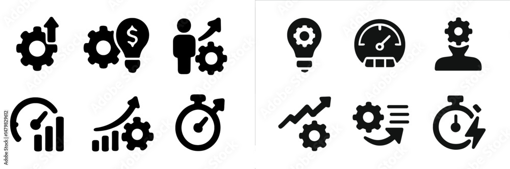Poster collection of web icons illustrating various concepts related to productivity and business growth