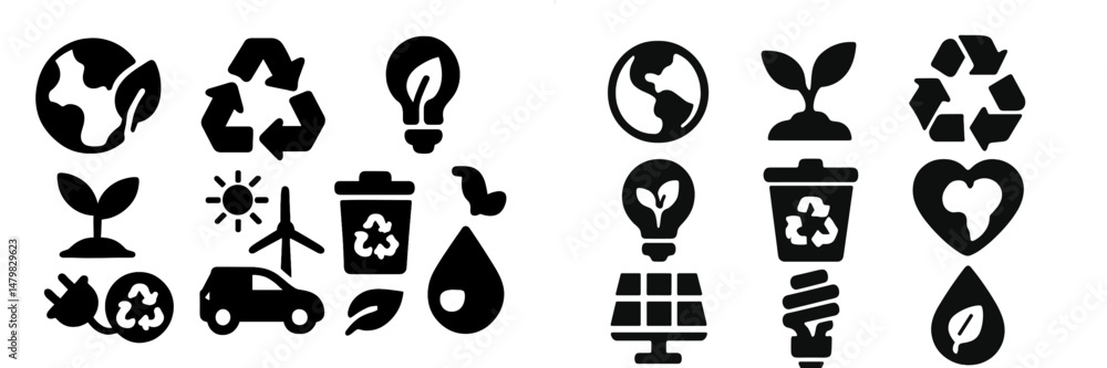 Poster collection of eco-friendly web icons illustrating sustainable practices and environmental themes for