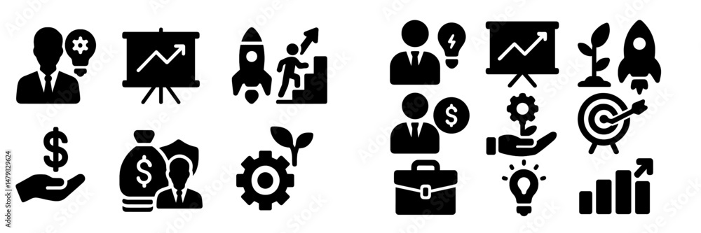 Aufkleber Set of web icons depicting business concepts, growth strategies, and financial activities for digital platforms and applications