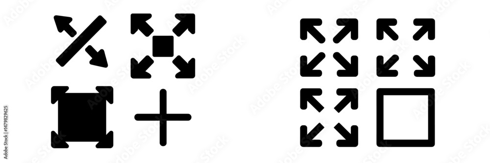 Poster collection of web icons illustrating resizing and expanding functionalities in various formats