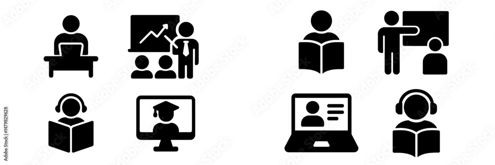 Poster Set of web icons representing various educational activities and roles in a learning environment for enhanced digital experiences
