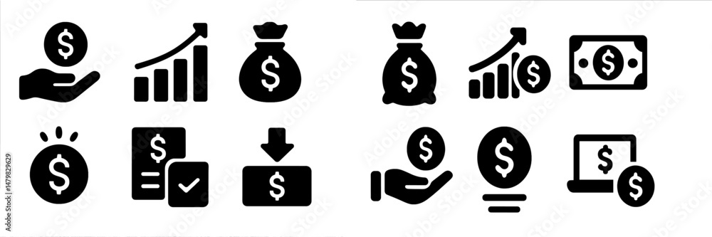 Poster set of web icons representing financial transactions and data analysis for online platforms