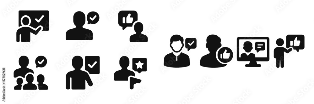 Poster collection of black web icons representing user interaction, communication, and feedback mechanisms 
