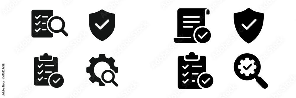 Poster set of black web icons representing documents, security checks, and task management tools in a moder