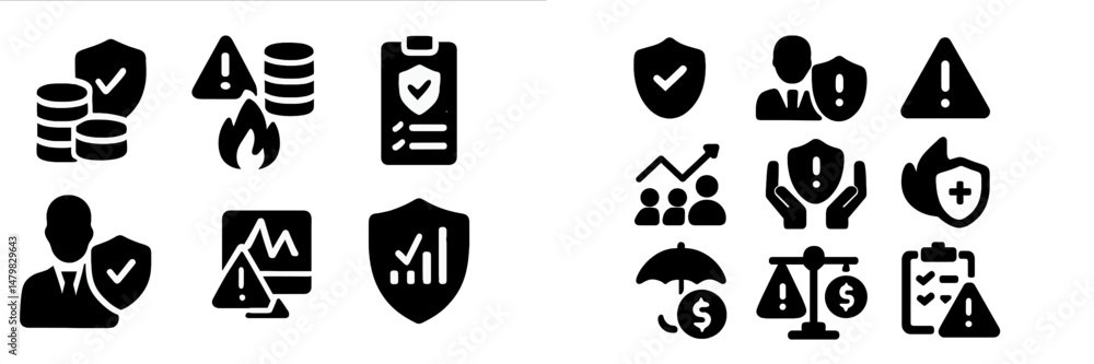 Aufkleber set of black web icons depicting security, finance, and risk management concepts in a modern design