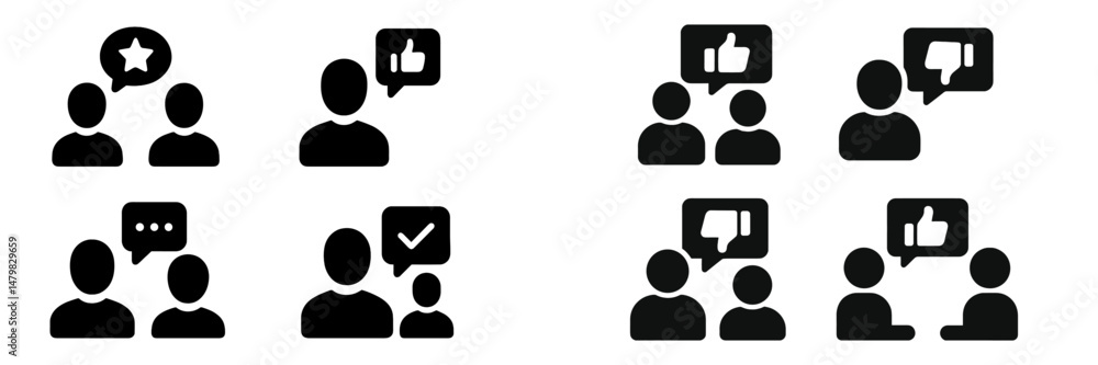 Poster set of web icons depicting user interactions and feedback in a digital environment with various emot