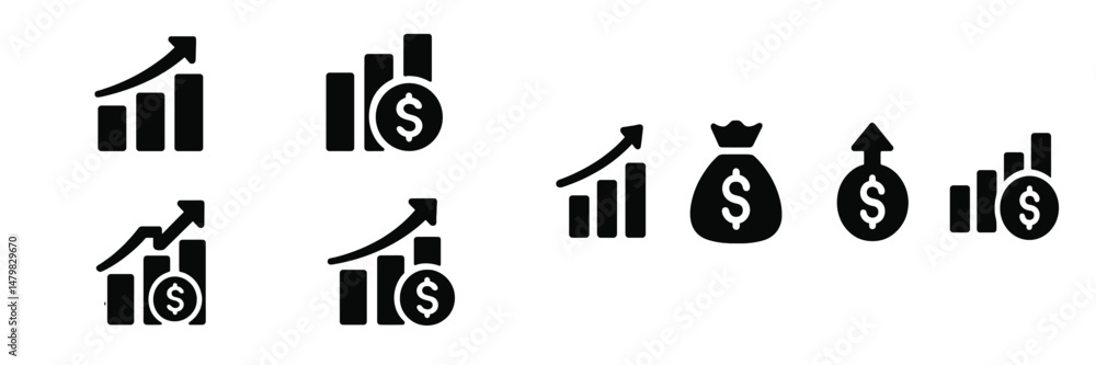Aufkleber collection of black web icons illustrating financial growth and success indicators with charts and c