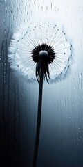 A dandelion seed head, backlit and seen through a rain-streaked window, creating a dramatic, ethereal image.  Soft focus, featuring delicate details of the seed head and raindrops