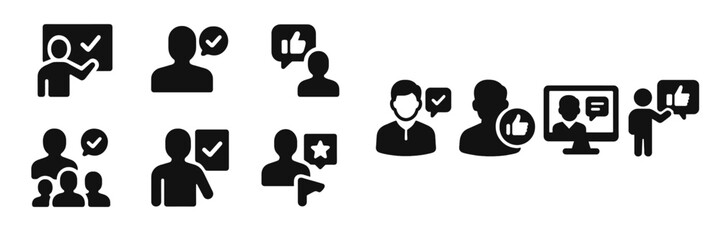 Collection of black web icons representing user interaction, communication, and feedback mechanisms for design projects