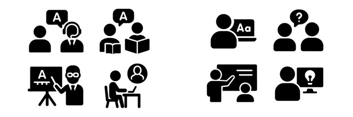 Collection of web icons depicting various educational and communication activities for digital platforms
